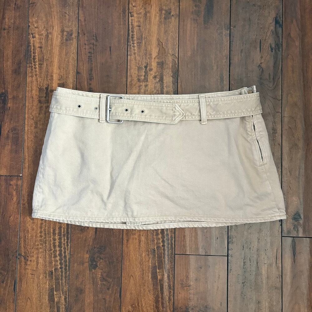 Y2K Abercrombie and Fitch Mini Skirt Womens 32 Beige Low Rise Belted 2000s Khaki